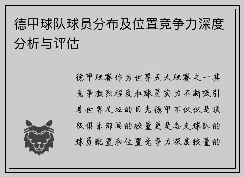 德甲球队球员分布及位置竞争力深度分析与评估
