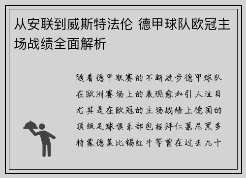 从安联到威斯特法伦 德甲球队欧冠主场战绩全面解析